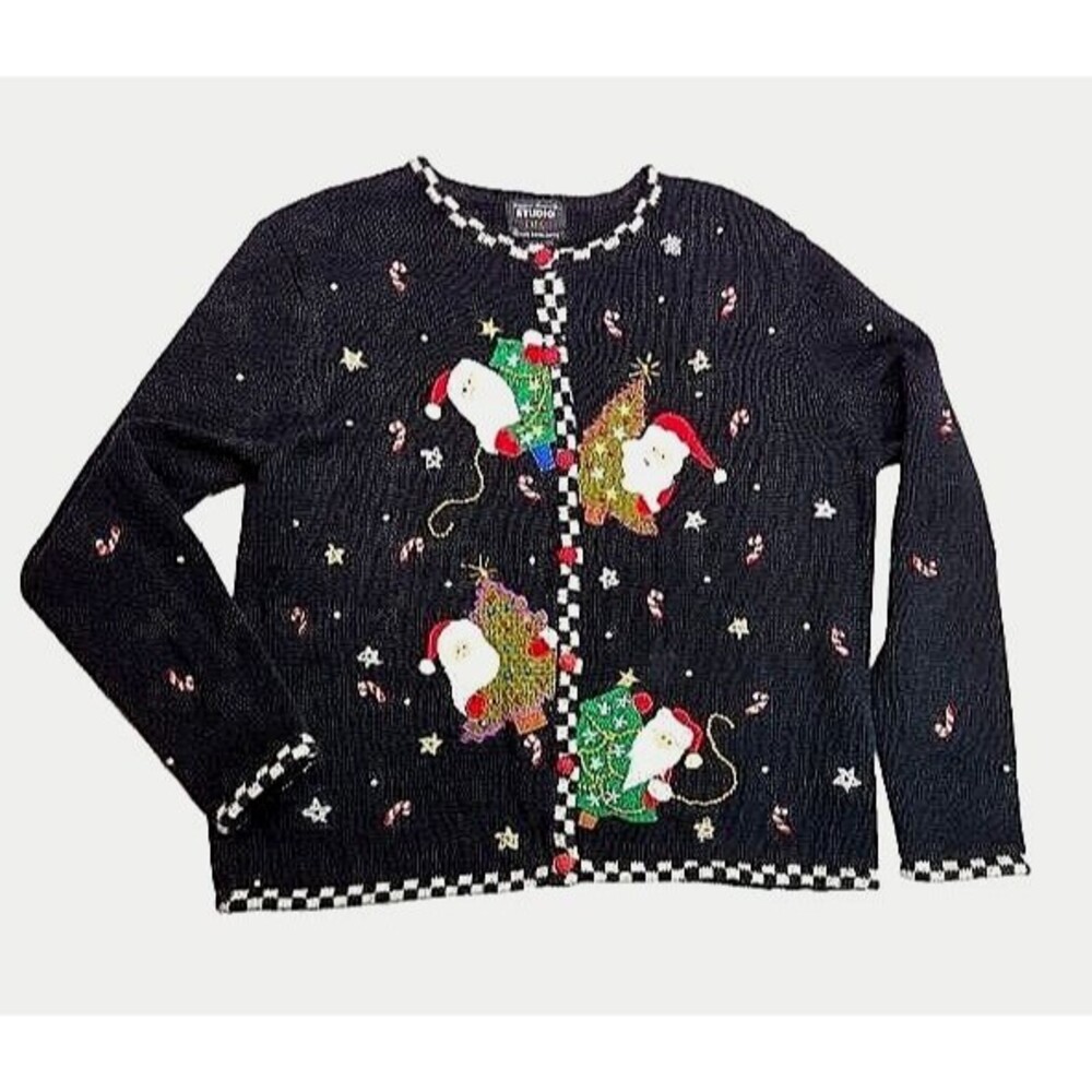 Woman's Y2K Christmas Sweater Santa Claus Sz S-M Black Designers Original Studio